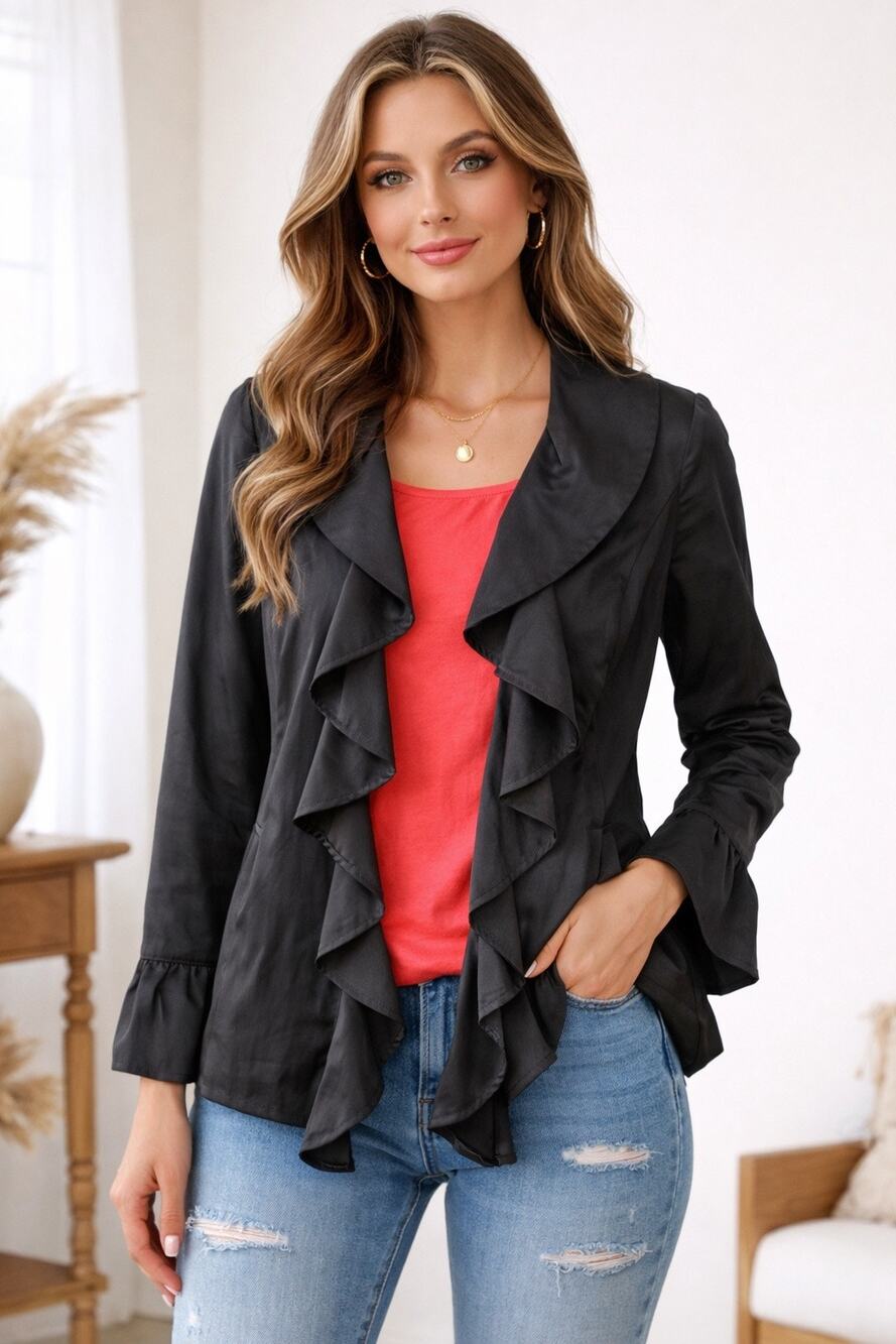 Willi Smith Retro Vintage Black Ruffle Blazer with Red Interior Lining Size S